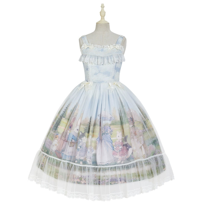 Summer Fairy~IP Collab Sweet Lolita Jumper Dress Flutter Sleeves OP Blue covering gauze JSK F 