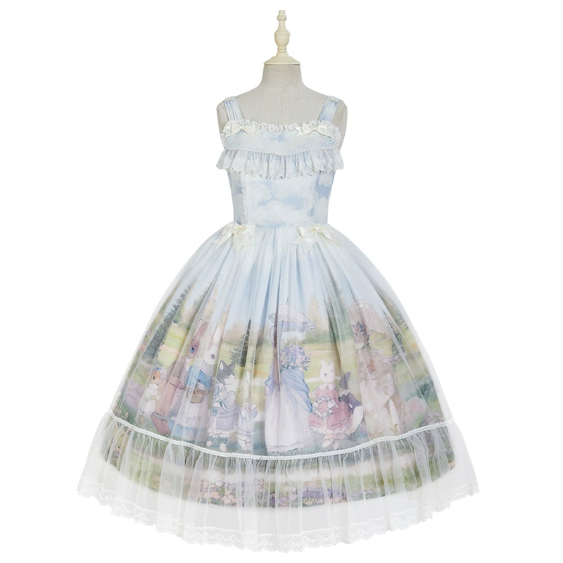 Summer Fairy - IP Collab Sweet Lolita Jumper Dress Flutter Sleeves OP Blue covering gauze JSK F