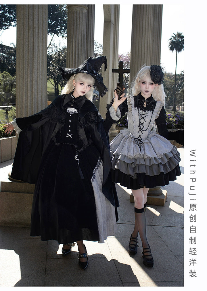 With Puji~Innocent Talk~Halloween Chinese Style Lolita OP Black-silver Gray Dress   