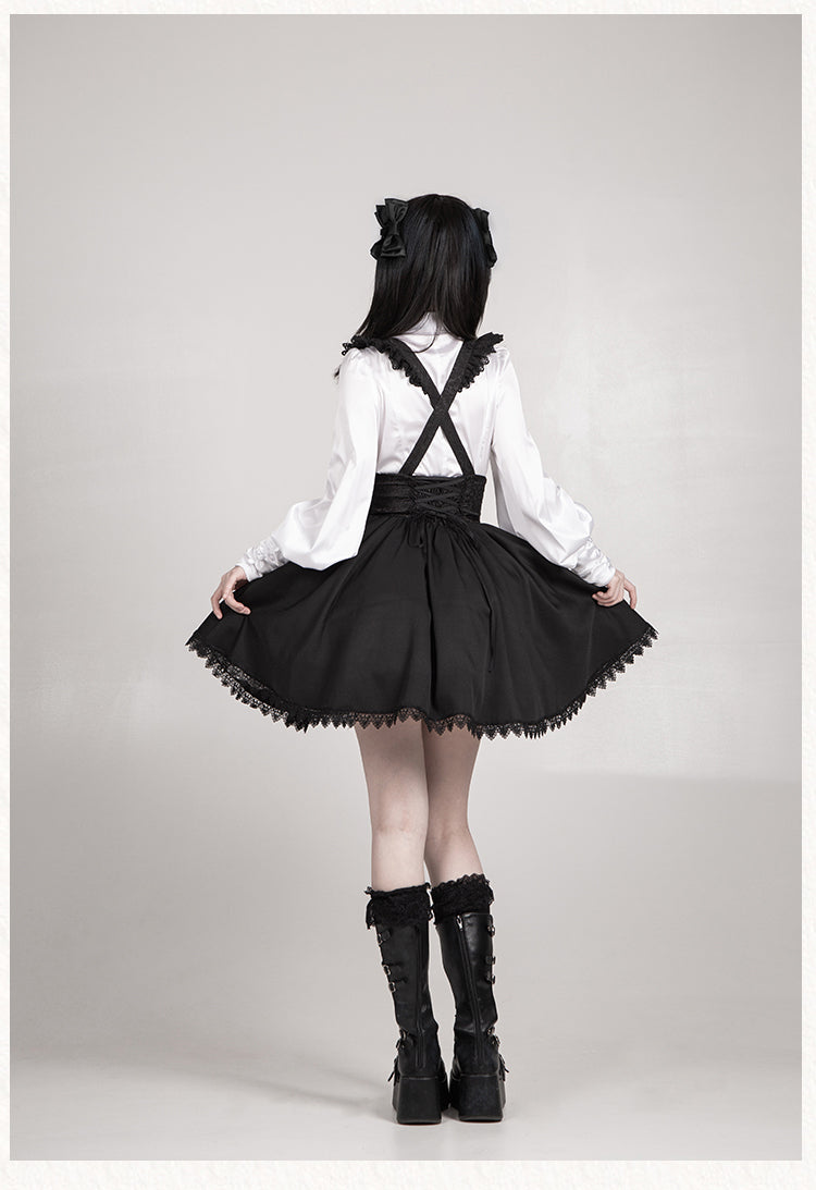With PUJI - Thorn Night - Gothic Lolita Satin Shirt Solid Color Fake Two-Piece Blouse