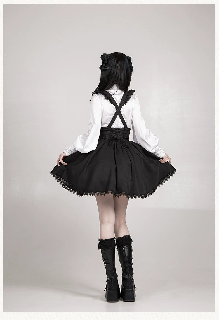 With PUJI - Thorn Night - Gothic Lolita Satin Shirt Solid Color Fake Two-Piece Blouse