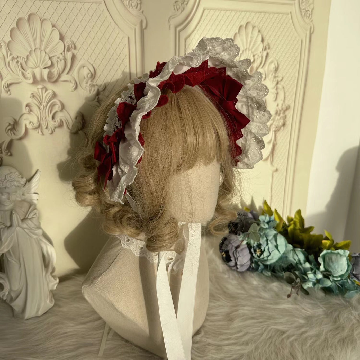 Chestnut Lolita~Lolita Kawaii Cotton BNT Hat white and red  