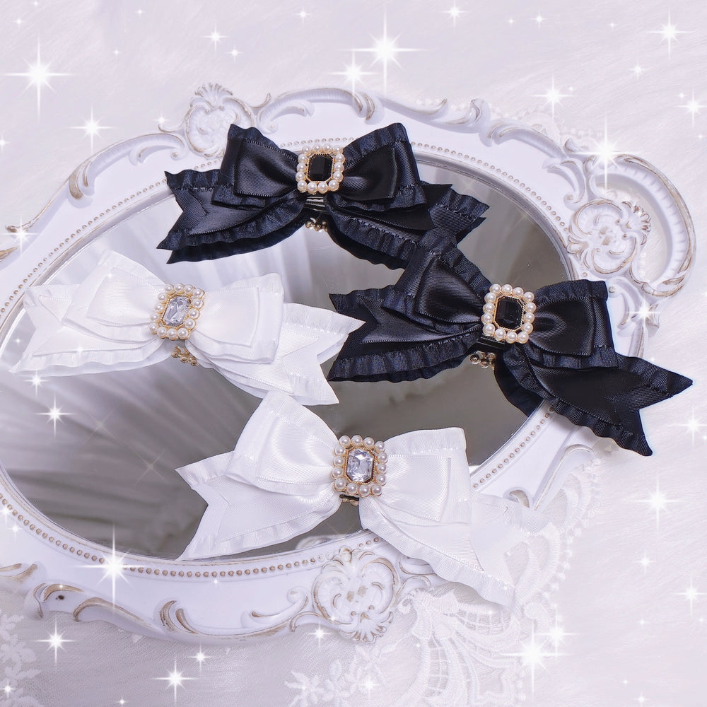 Rabbit Lolita~Sweet Lolita Hair Clips Pearl Diamond Bow Versatile Hair Accessories Black hair clip(a pair)  