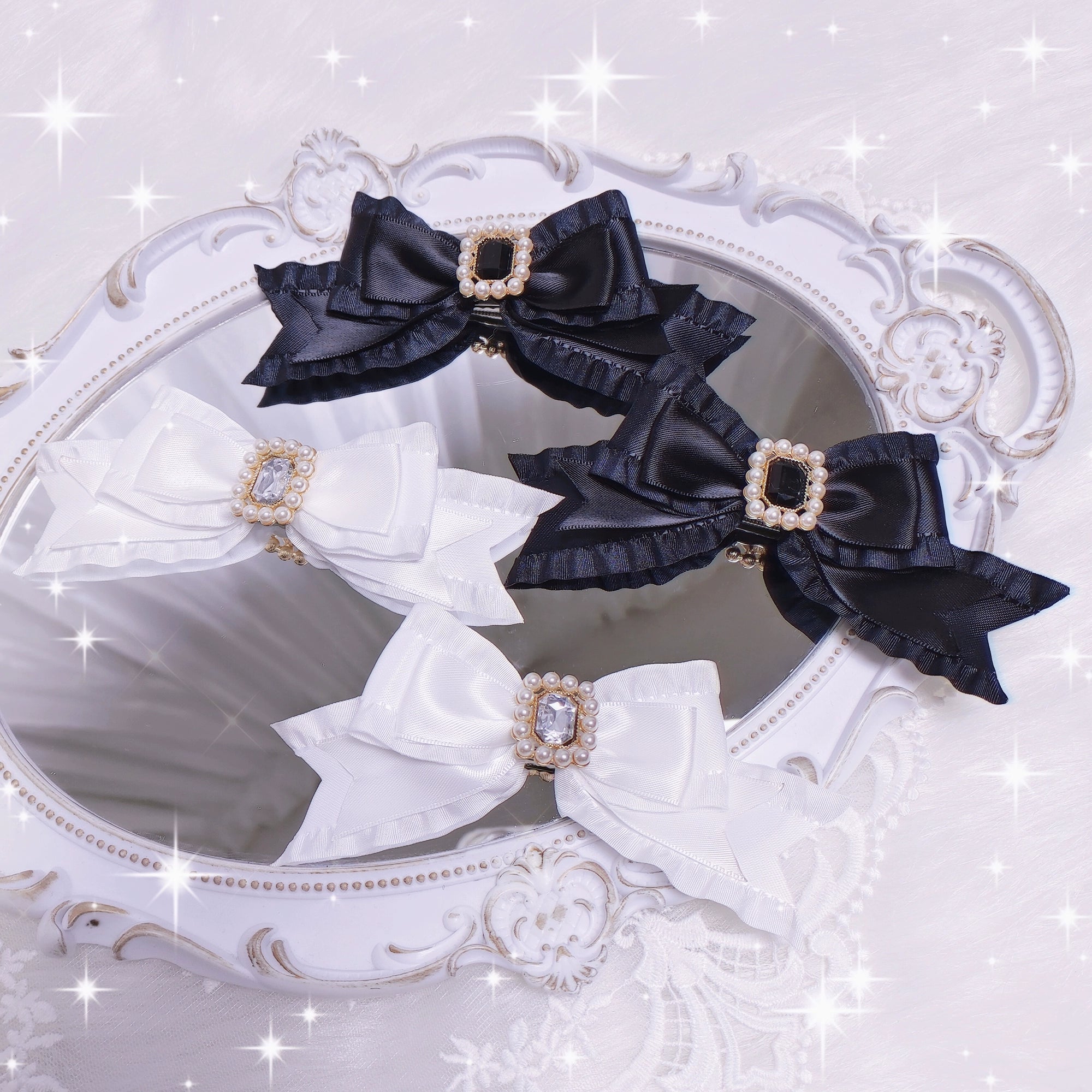 Rabbit Lolita - Sweet Lolita Hair Clips Pearl Diamond Bow Versatile Hair Accessories Black hair clip(a pair)