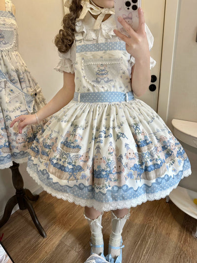 Akiyama Future Studio~Blueberry Tart Party~Sweet Blue Lolita Salopette Dress Blueberry Tart Print JSK Dress Free size Salopette 