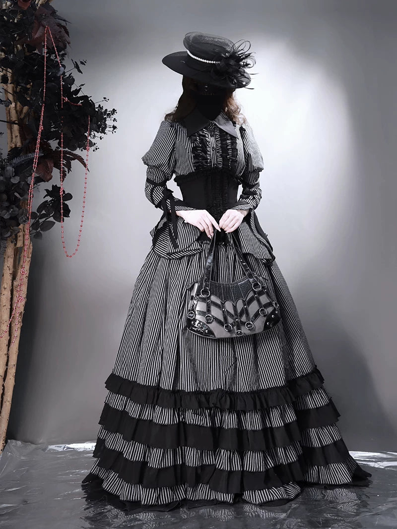 Striped Wednesday - Gothic Lolita Striped Blouse Set, Ruffled Corset 45176:838941