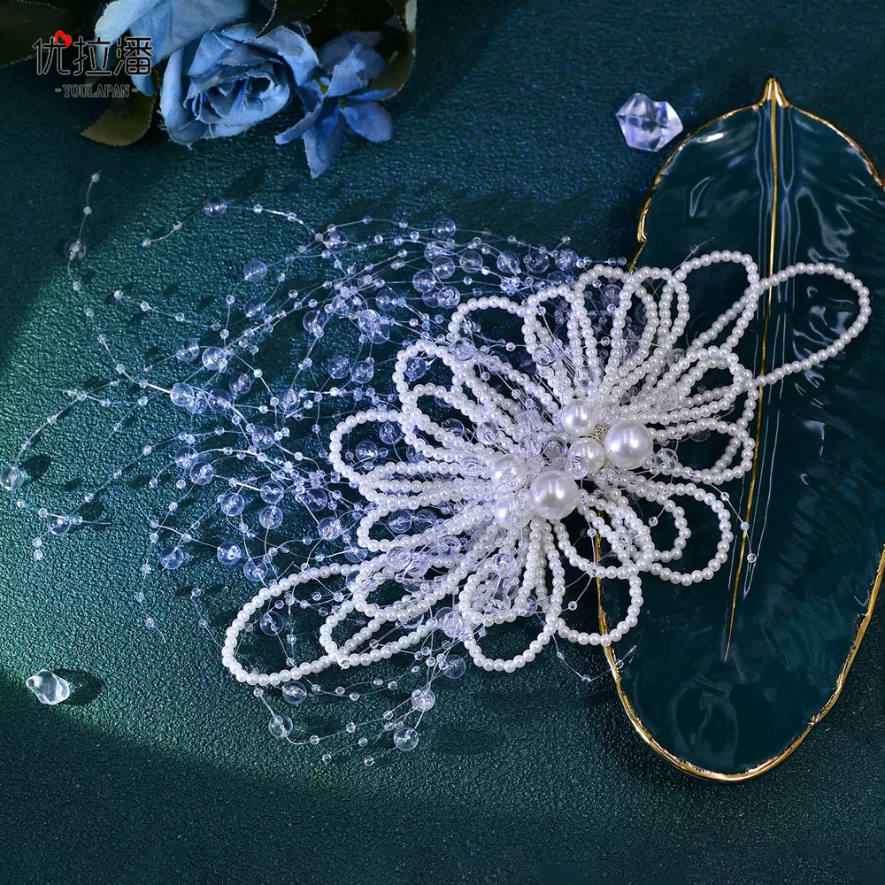 Youlapan - Bridal Face Covering Pearl Wedding Veil Silver Color Headwear