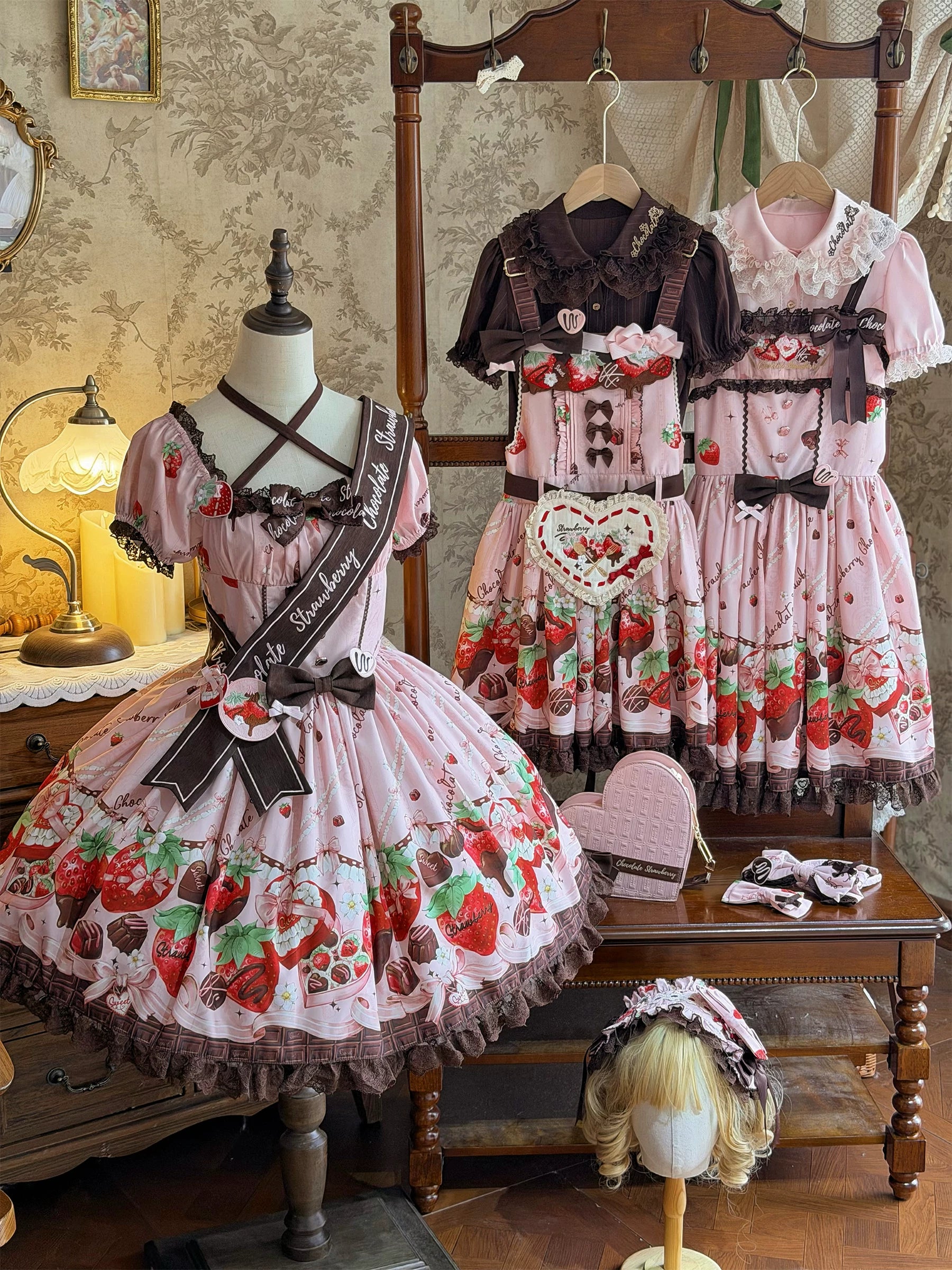 Strawberry Chocolate Lovers - Kawaii Lolita Embroidered Printed Dress 44882:840981