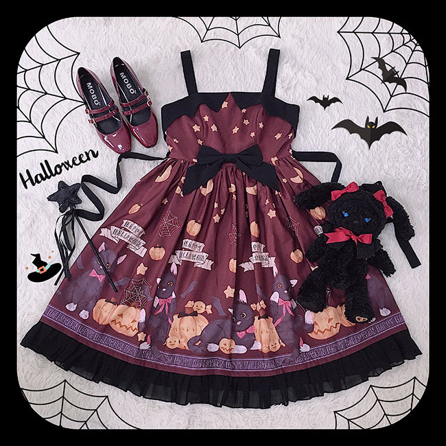 Cheese Cocoa - Vampire Cat Normal Waist Lolita Halloween JSK S wine red JSK(in stock)