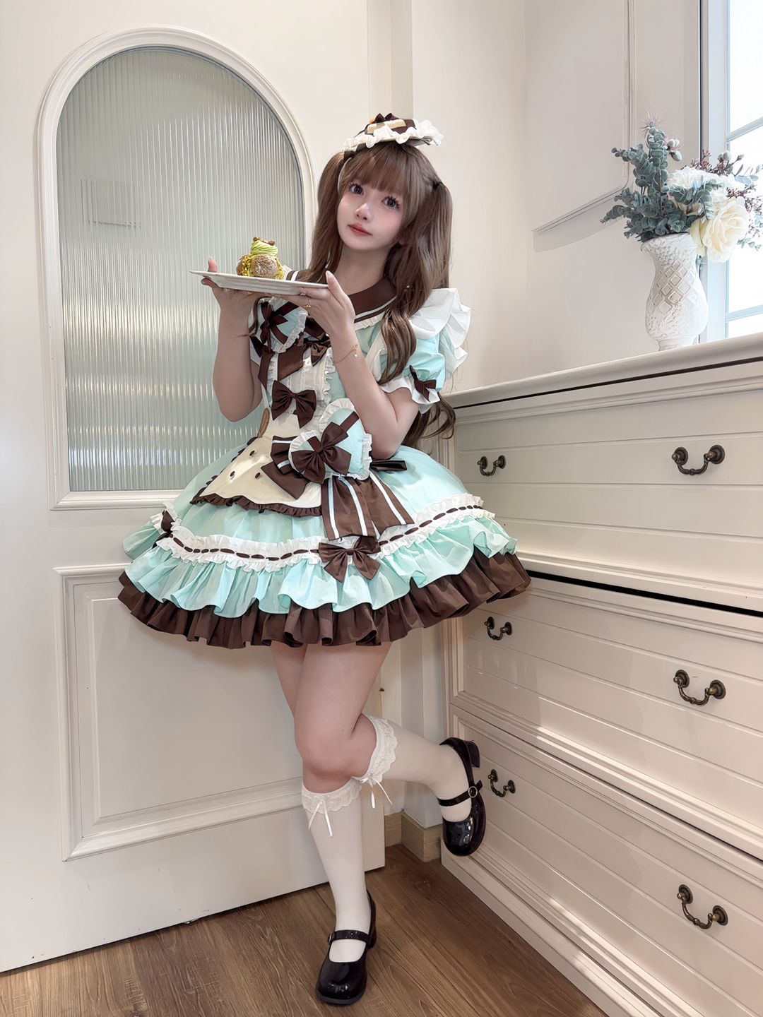 Platycodon House~Mini Cookies Mint Chocolate~Sweet Lolita OP Maid Lolita Dress S Mint Green Complete Set (includes hat apron large waist bow and heart-shaped accessory for the chest) 