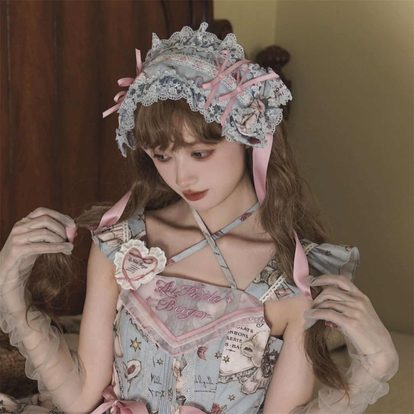 Babyblue~Vintage Lolita Bonnet Hair Band Kawaii Headdress   
