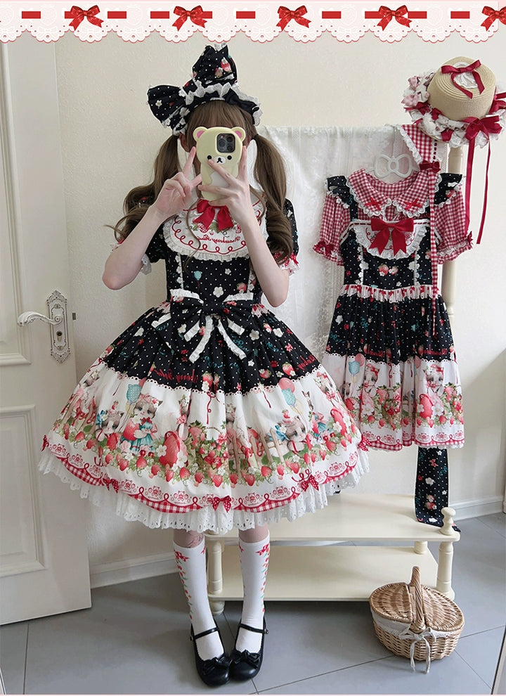 GD Lolita~Cat Strawberry Garden~Sweet Lolita Dress High Waist JSK Strawberry Print OP