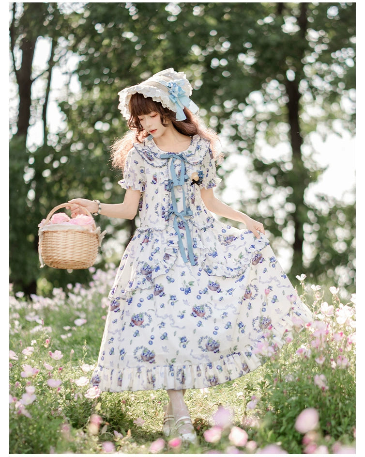 With PUJI~Berry Basket~Country Lolita OP Dress Blueberry Print Dress   