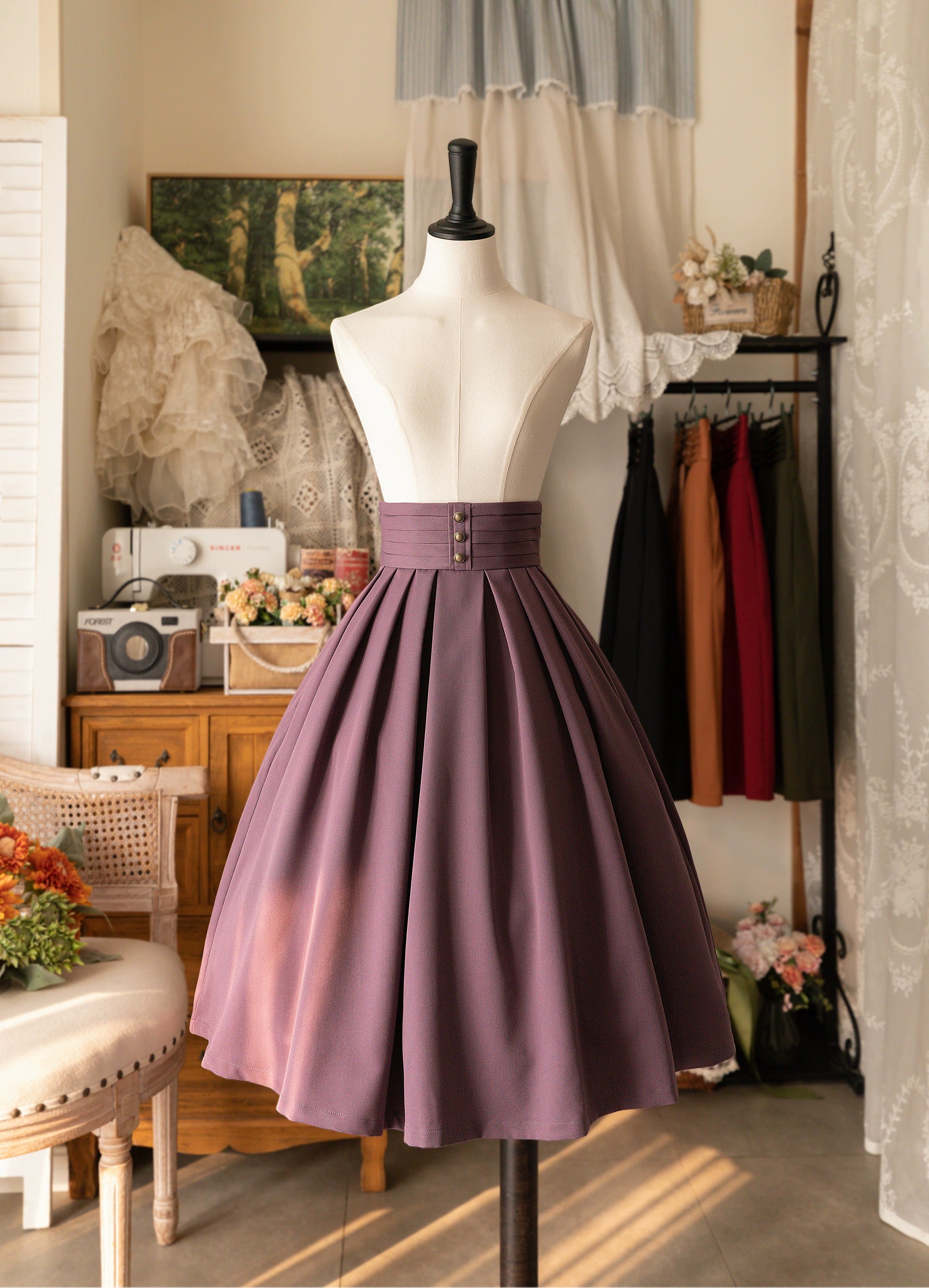 Forest Wardrobe - Forest Basket - Elegant Lolita Pleated Skirt S Grey Purple