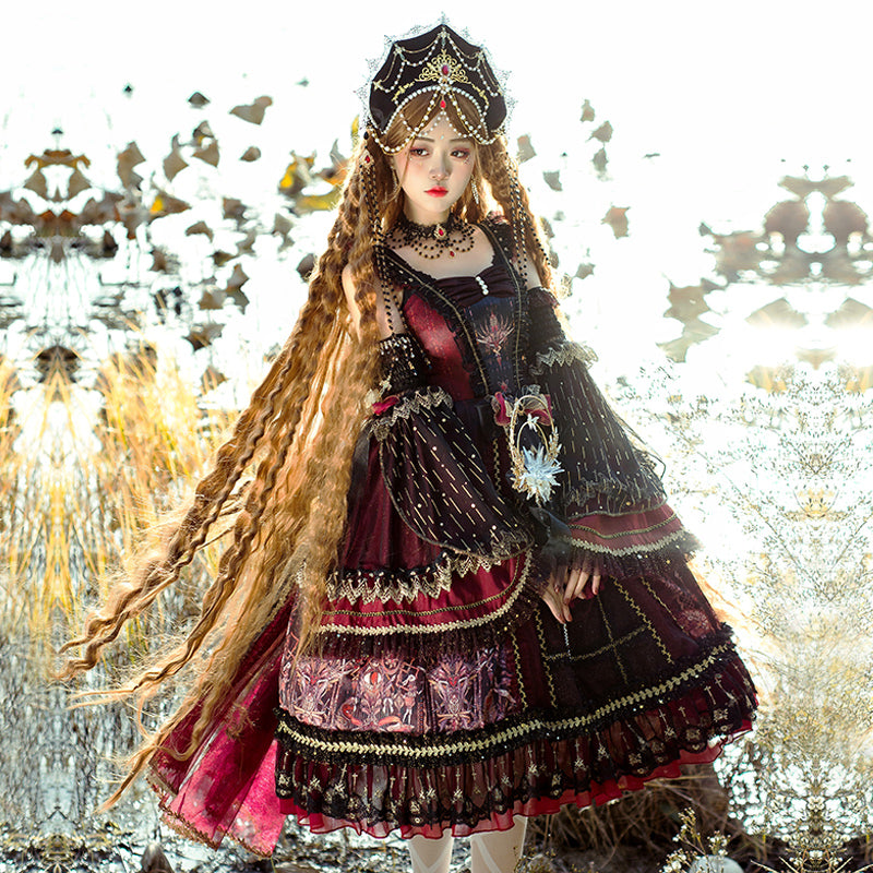 YingLuoFu - Black Red Retro Palace Elgant Classical Lolita JSK