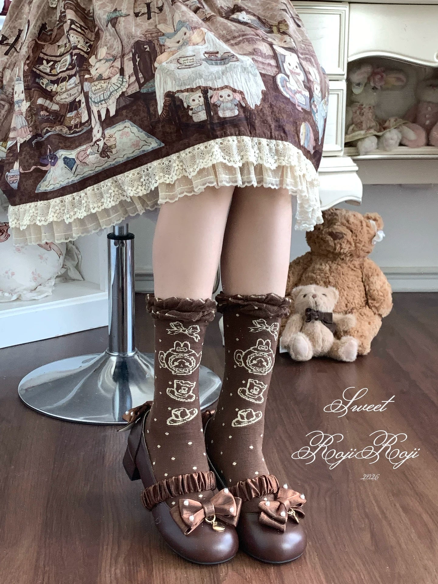 Cotton Sweet Lolita Socks, Tea Party Prints (Brown) 45788:862444