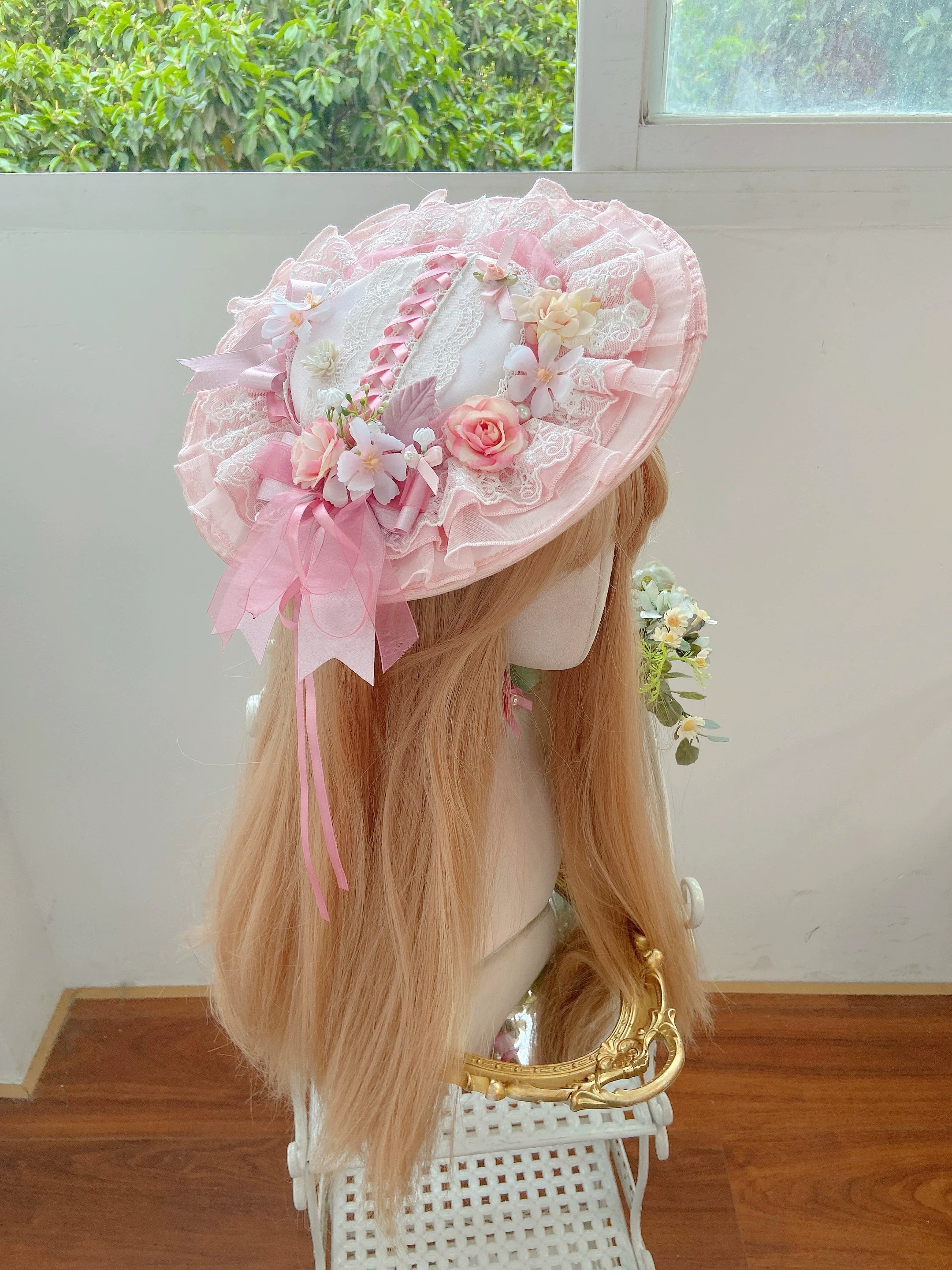 Yellow Blossom & Rose - Sweet Lolita Floral Embroidery JSK, Drawstring Lift-up Hem Pink - Hat Only S