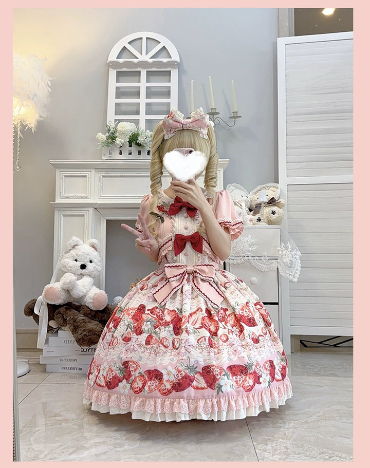 Strawberry Fantasia~Sweet Lolita OP Dress Set Puffy Skirt Long JSK and Shirt