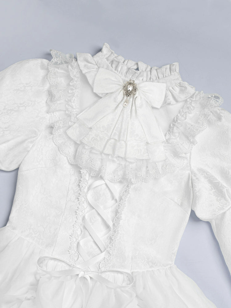 With PUJI - Fallen Heaven - White Gothic Lolita OP Set, Double Layered Skirt 43795:785468