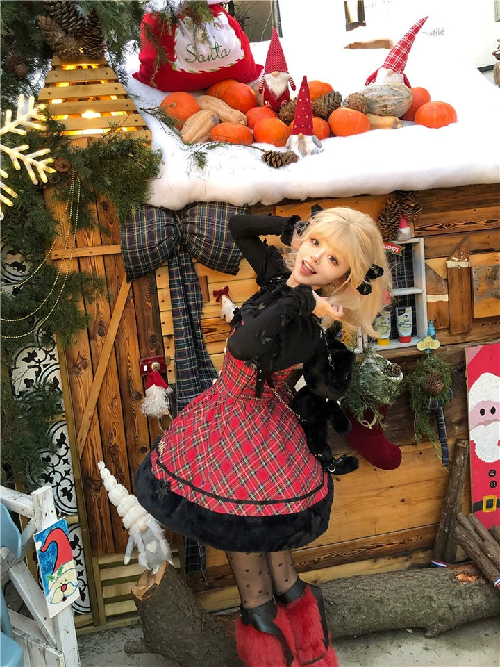 To Alice~Black Cat and Miss~Christmas Sweet Lolita Plaid Dress with Hooded Cape