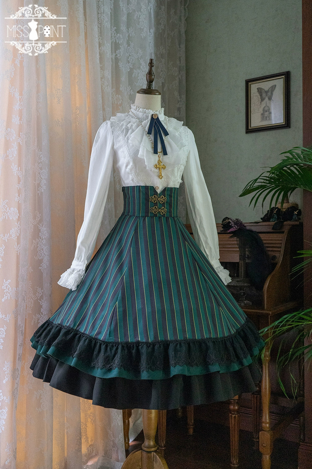 (Buyforme)Miss Point~Customized Lolita Elegant Striped High Waisted Fishbone SK XS green stripe (made-to-order, 1-2 months) 