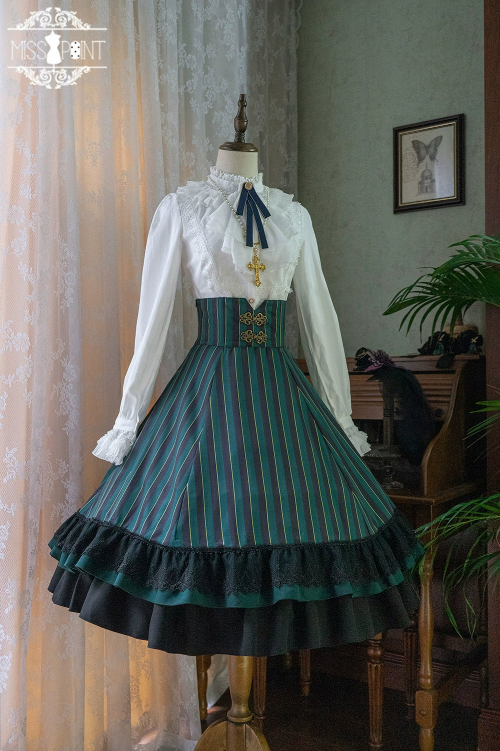 (Buyforme)Miss Point~Customized Lolita Elegant Striped High Waisted Fishbone SK   