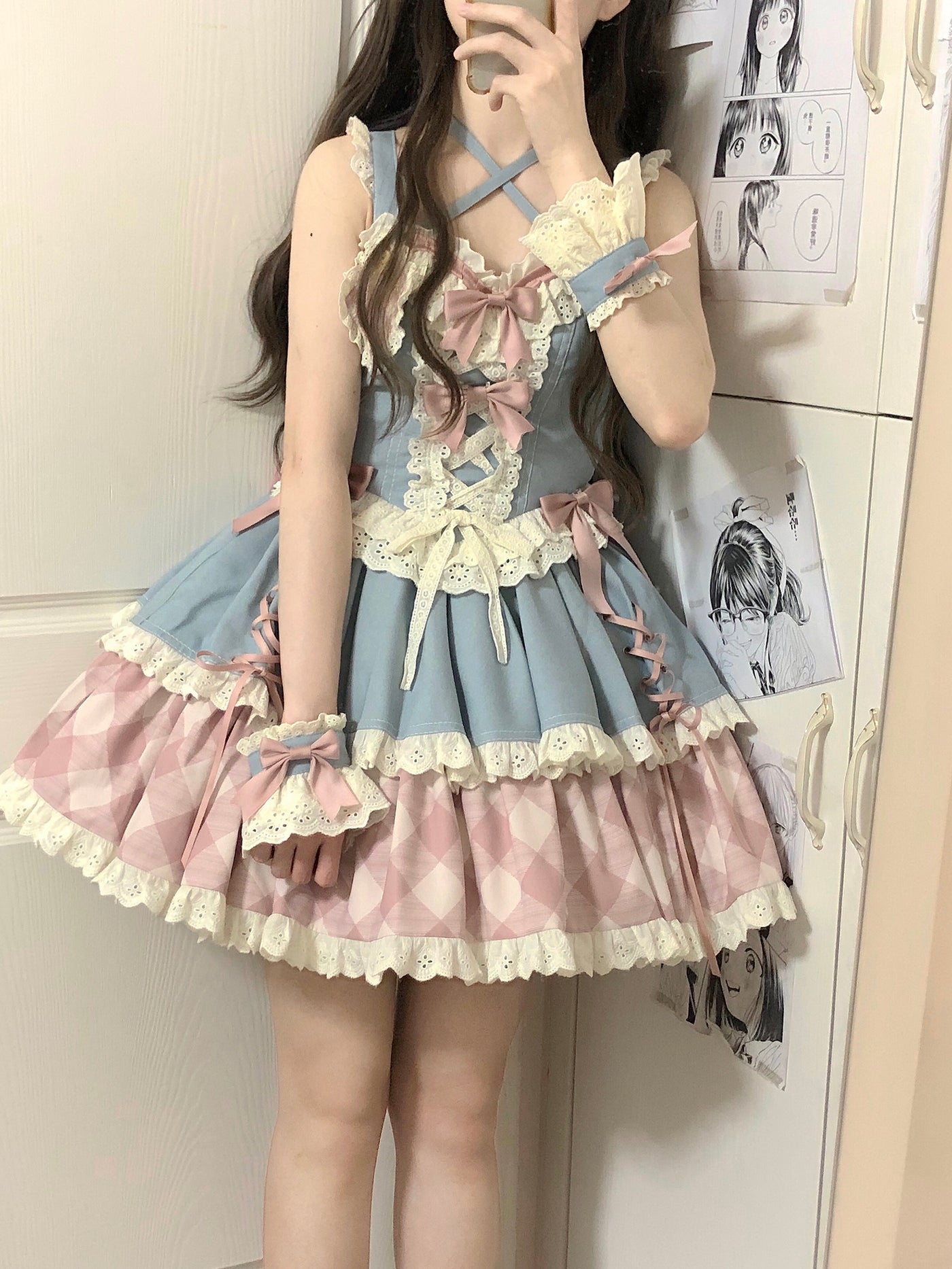 Kuma~Sweet Cowboy~Sweet Lolita Pastel Colors Denim Skirt Set   