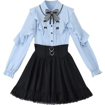 (BFM)Lala JK~Glacier Rose~Jirai Kei Ribbon Blouse Bi Color Shirt Black SK S Long sleeve blouse + skirt(with a matching bow tie) 