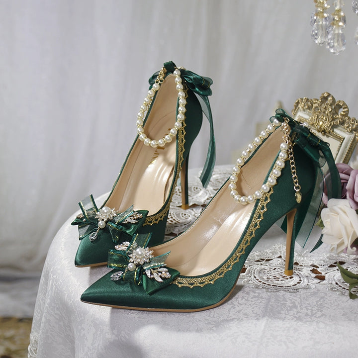 One Night~Wedding Lolita Shoes Pointed-toe High Heel Shoes Thin Heel 35 Green (6cm) 