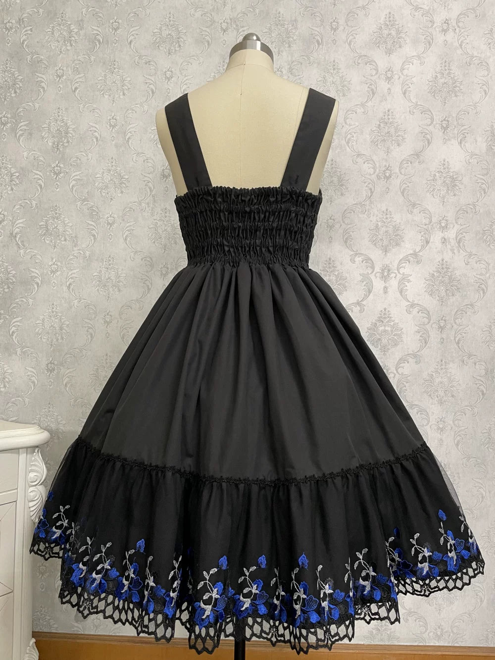 Alice of the Night - Gothic Lolita JSK Cotton Dress, Embroidery & Blue Florals
