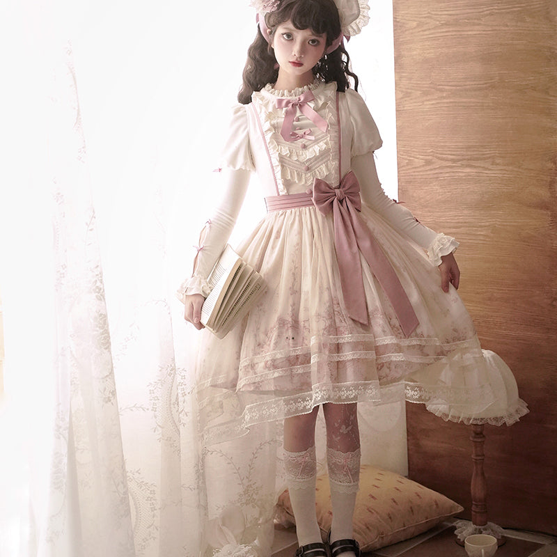 Half Sweet Lolita~Doll Garden~Sweet Lolita JSK Dress Cat Print Pink Dress Set S pink JSK dress 