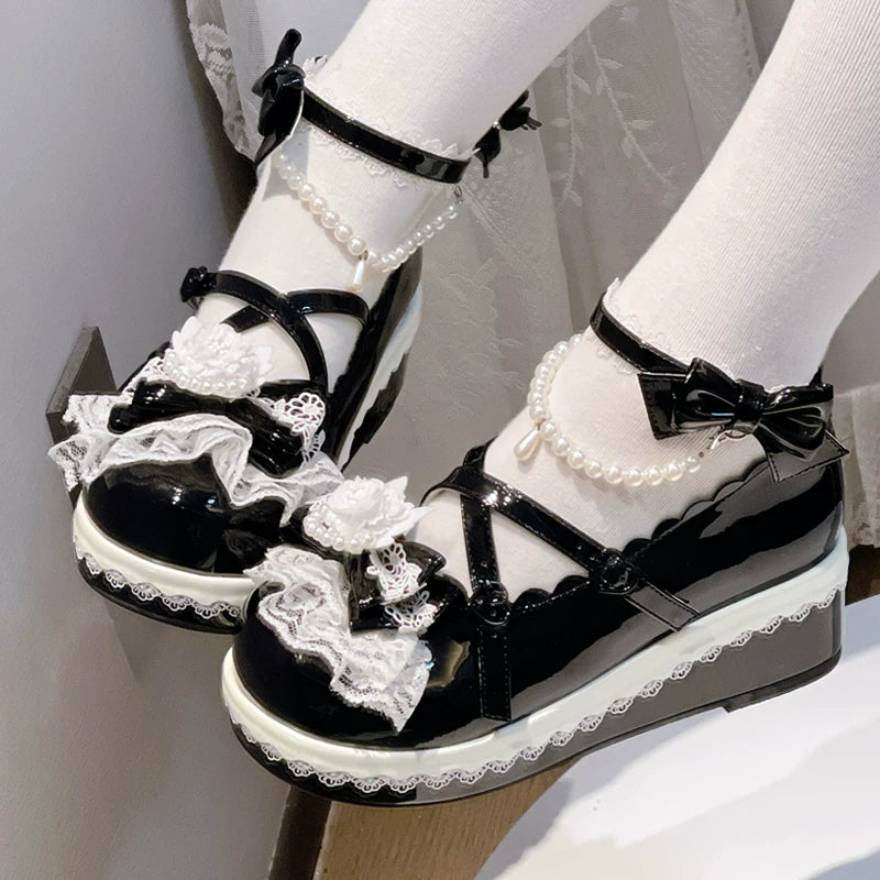 Pearl Floral Reverie - Sweet Lolita Shoes, Detachable Pearl Chain and Floral Accent (Black / 34 35 36 37 38 39 40 41) 45531:852215