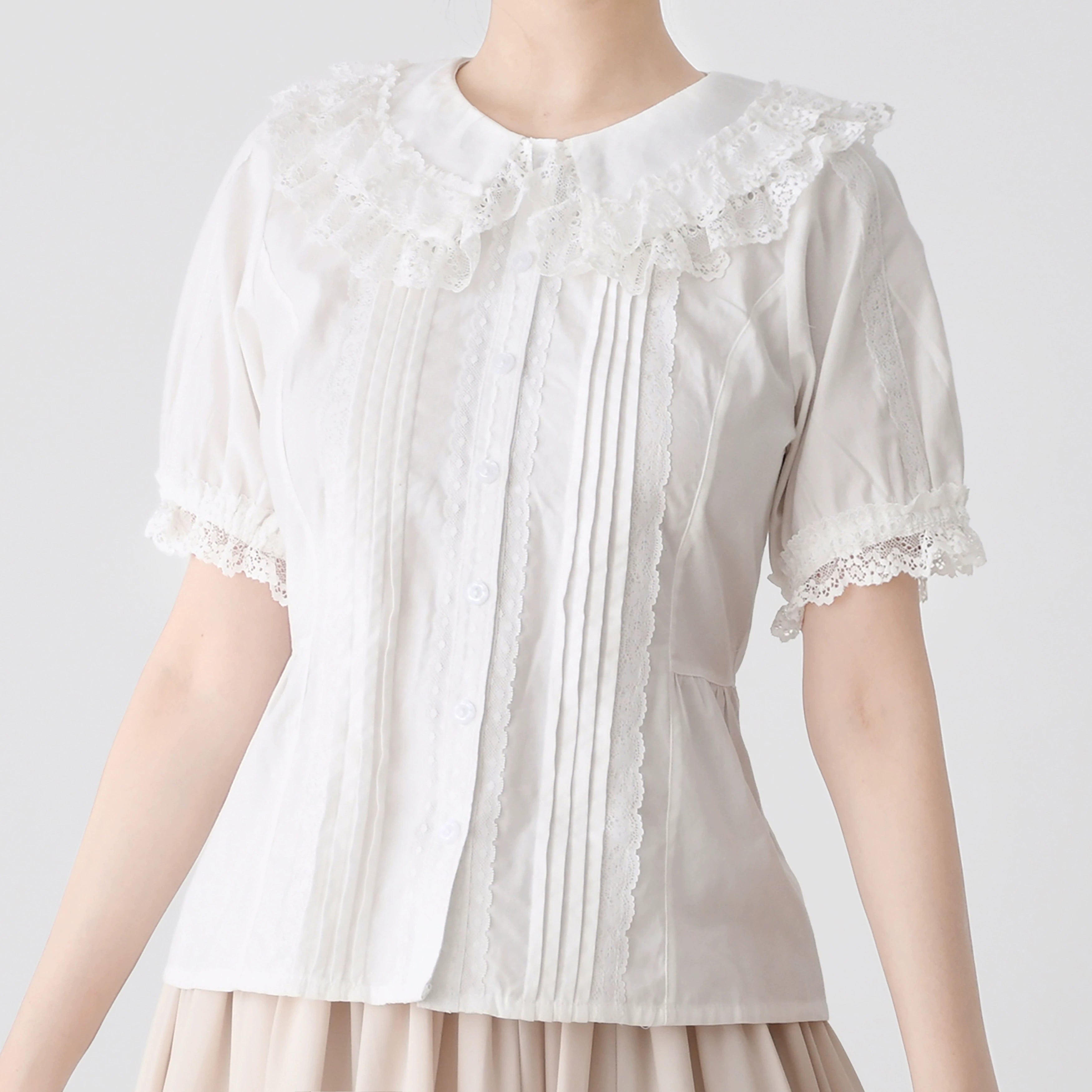 MIST - Hyde Garden - Cotton Lolita Blouse Puff Short Sleeve Shirt milky white S