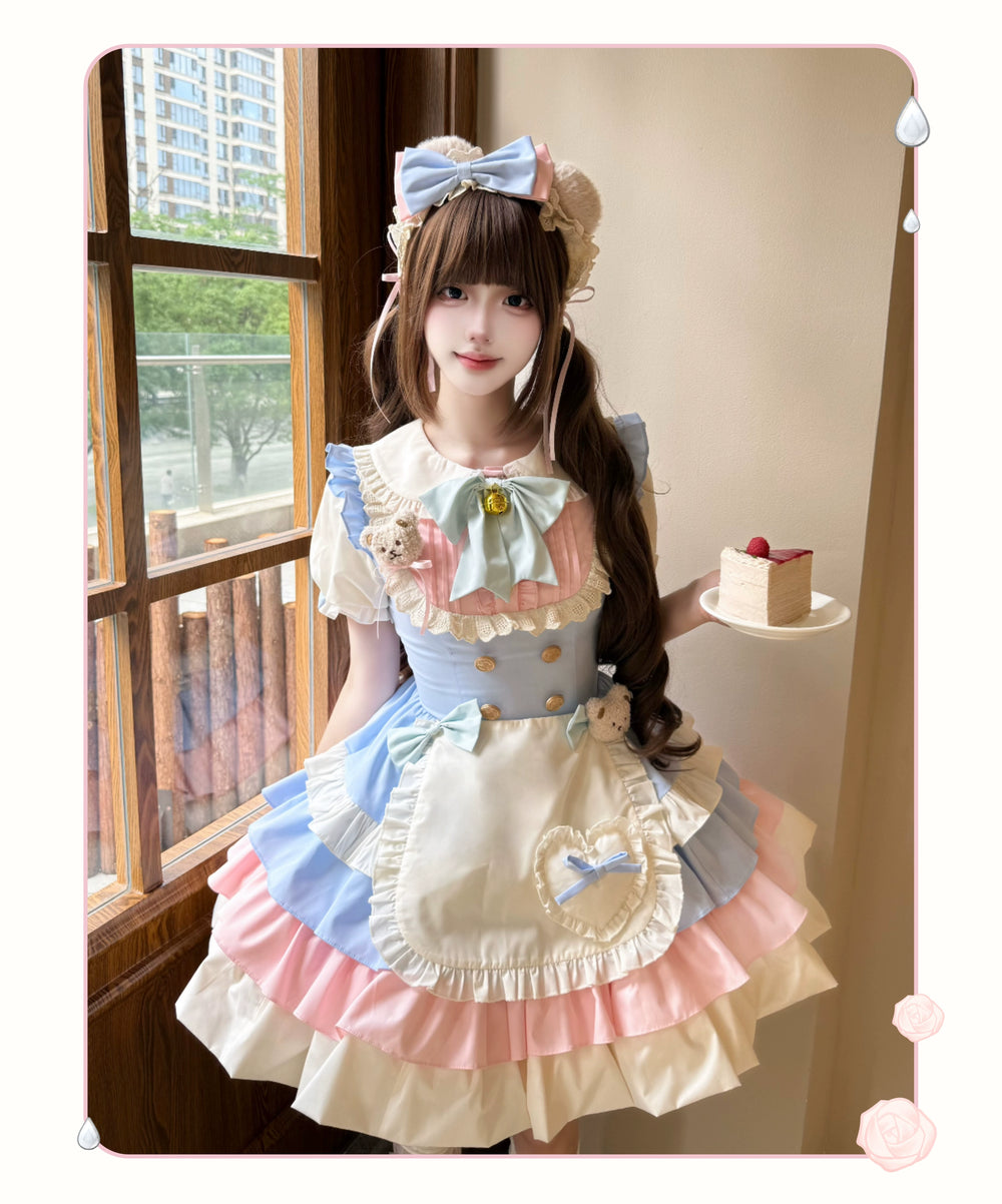 Platycodon House - Cream Puff - Sweet Lolita Apron OP Dress, Bunny & Bear Details Blue and pink OP (with apron) XS