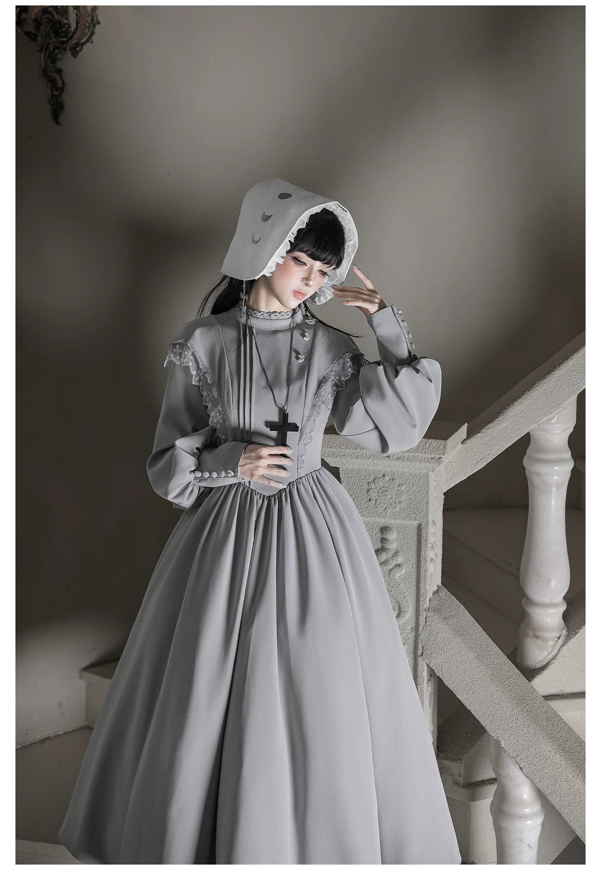 Moon Phase - Gothic Lolita OP Dress Set, Detachable Cross-Shaped Apron 46035:873411