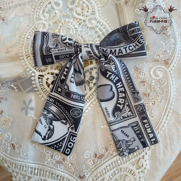 Miss Cube - Antique Label - Retro Lolita KC Straw Hat Bow Tie Black and White Bow Tie