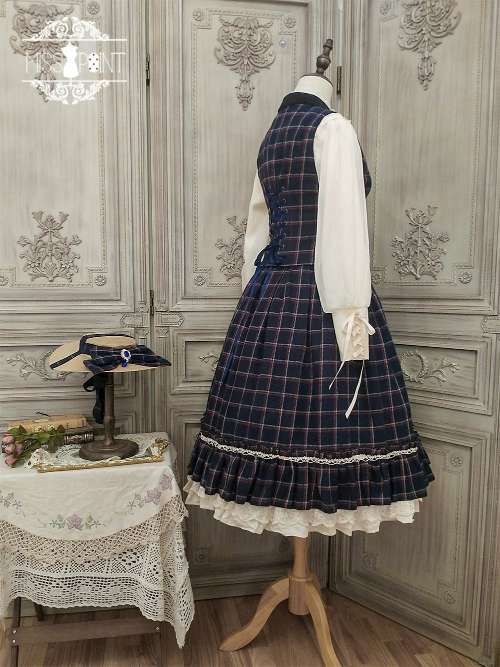(BFM)Miss Point~Rose~Elegant Lolita Fishbone Grid Skirt Customized customized size dark blue grid 