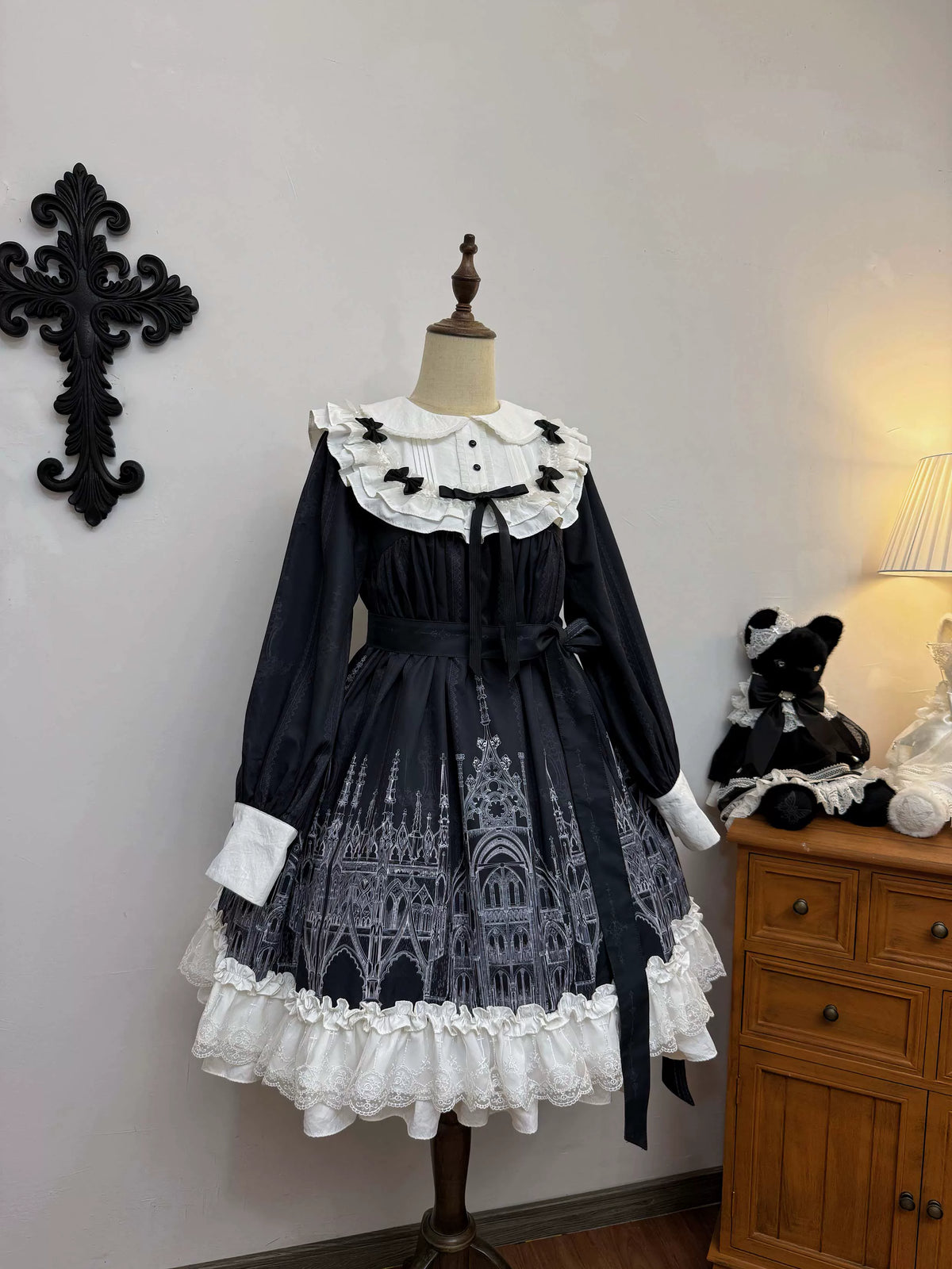 Silent Spire - Gothic Lolita Cathedral Print JSK & OP Dress Set, Side Pockets 45921:868194