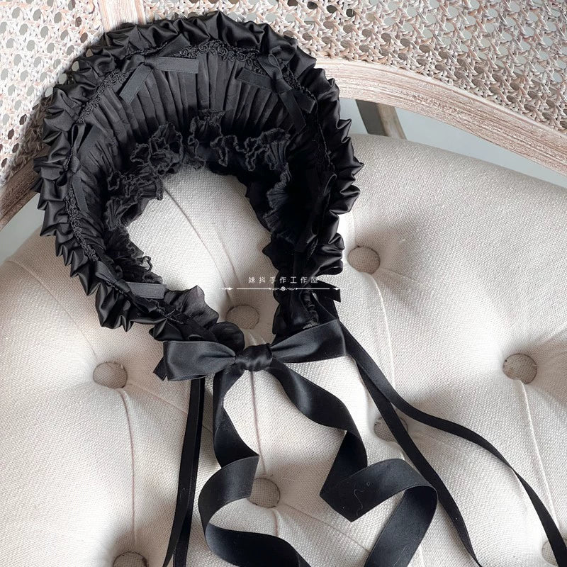 MAID~ Handmade Lolita Bonnet with Small Satin Ribbon Black x Black  