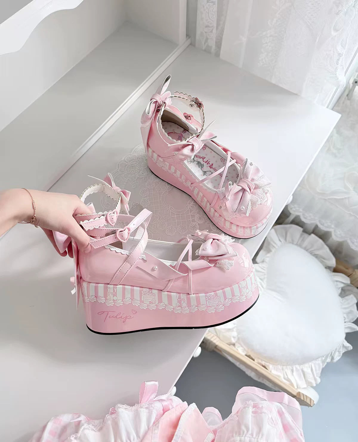 Windchime Fantasia - Sweet Lolita Platform Shoes, Detachable Back Bow (Pink / 34 35 36 37 38 39 40) 45759:861055