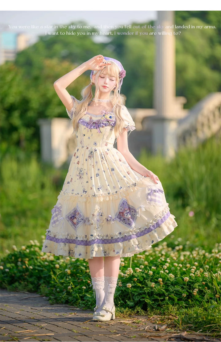 (BFM)Strawberry Fantasia~Blueberry Pie~Country Lolita OP Short Sleeve Floral Printing Dress   