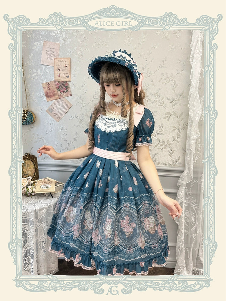 Alice girl~Night Rose~Elegant Lolita OP Dress Floral Print Dress Short Sleeve dark blue long OP XS 