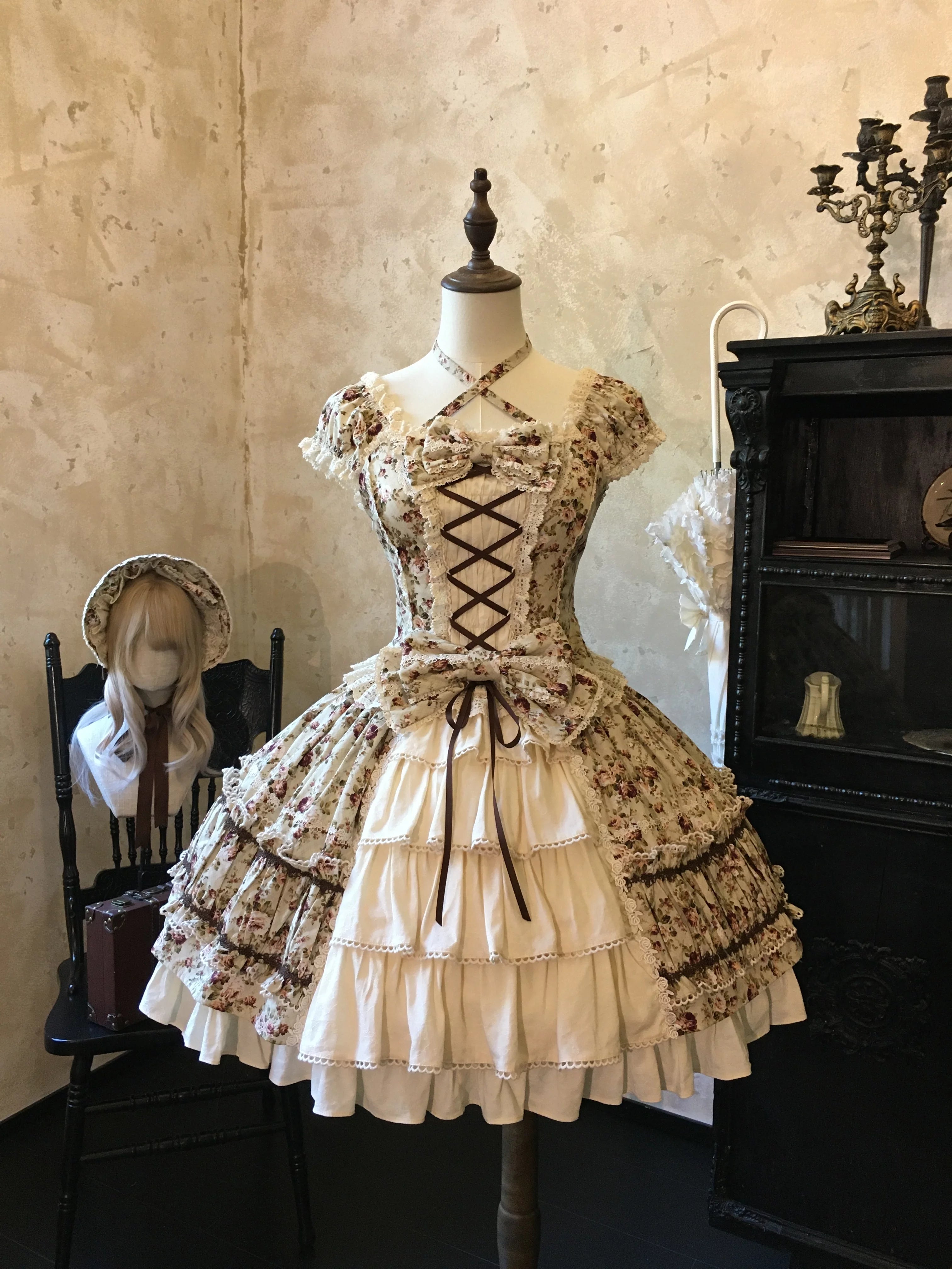 Old Rose Garden - Cotton Old School Lolita Top & Skirt Set, Floral Print (Brown / L M S XL XS) 45886:866523