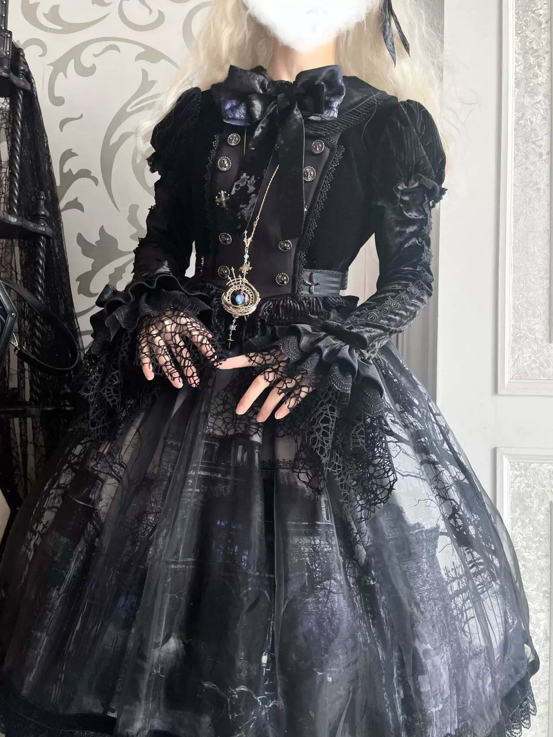 LilithHouse~Horror House~Gothic Lolita OP Set with Cape and Castle Print 42156:729042