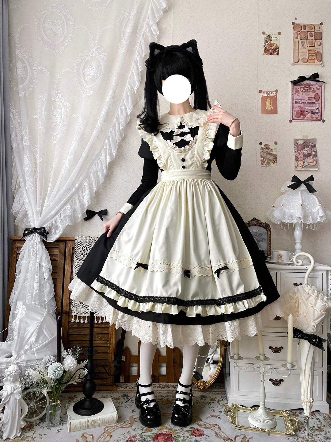 Qianmu~Classic Maid~Gothic Maid Lolita OP Suit with Apron and Jabot