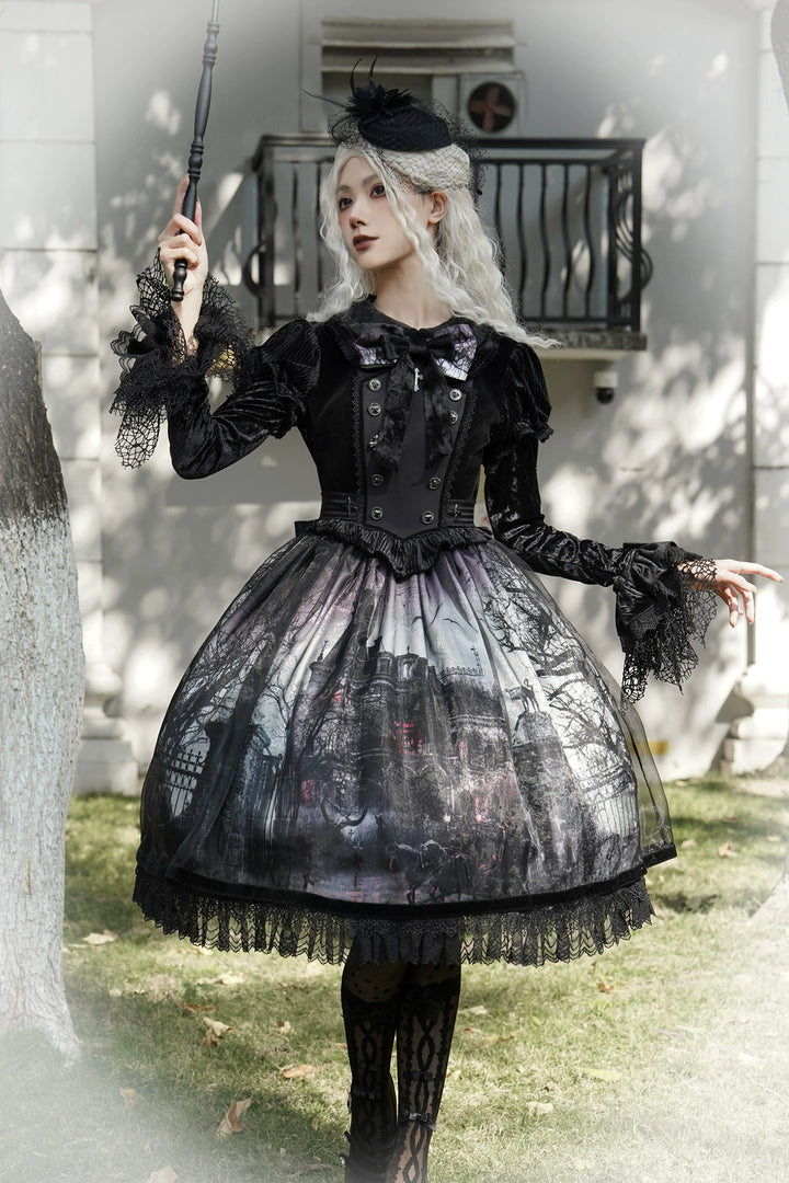 LilithHouse~Horror House~Gothic Lolita OP Set with Cape and Castle Print