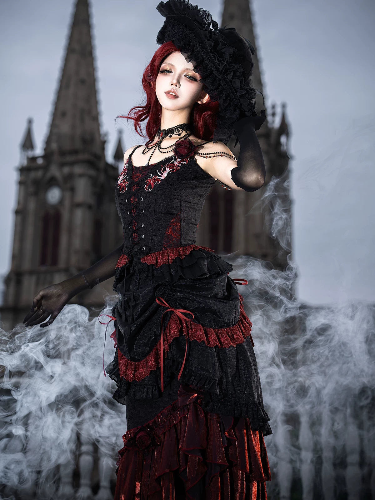 Bone Rot Bloom - Gothic Lolita Embroidered Camisole & Drawstring Lift-up Hem Skirt 45593:854822