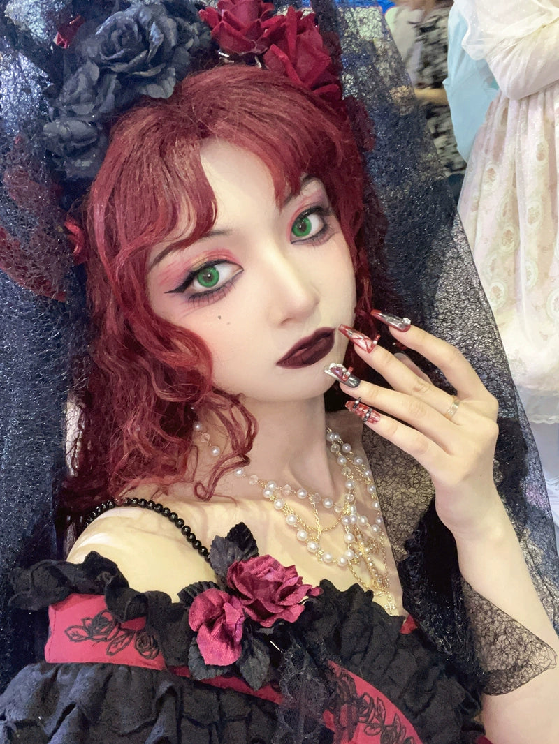 Rose Thorn - Rose Lolita Brooch/Hair Clip 2-in-1 With Lace Details Burgundy