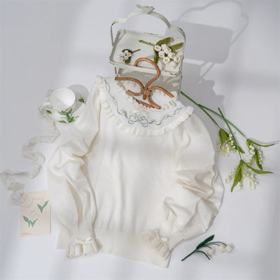 (BFM)NyaNya~Long Sleeve Knit Lolita Sweater Embroidered Innerwear a sweater only S milk white (Lily of the valley embroidery)