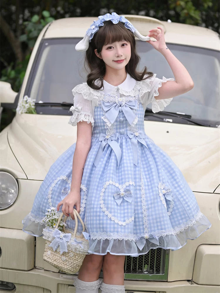Daisy Cake - Blue Plaid Sweet Lolita JSK Dress, Daisy-trimmed Bows Blouse Only (with detachable collar bow) S